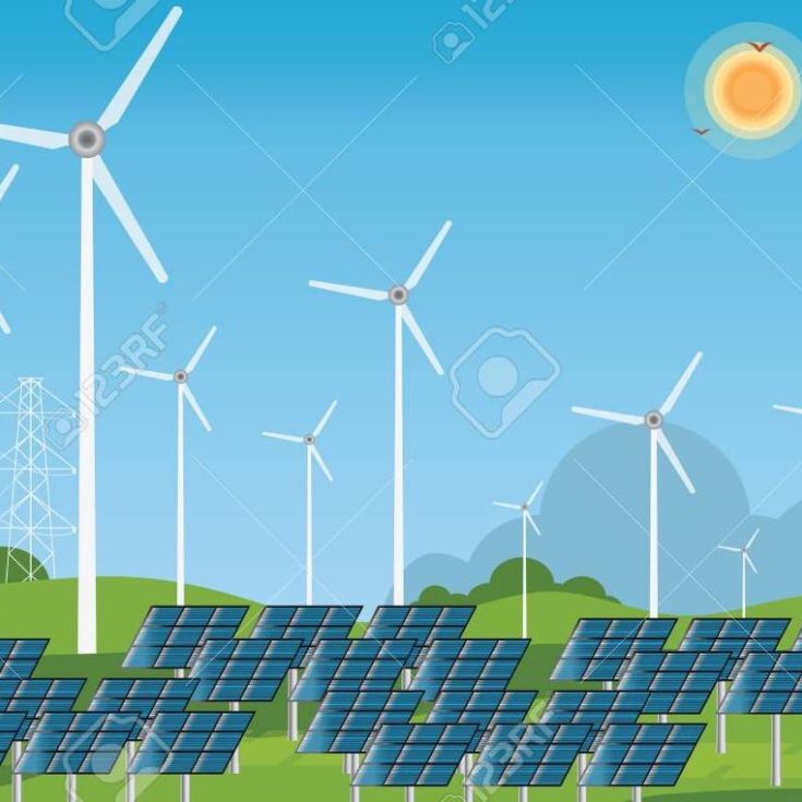 Solar energy panels and wind turbine, conceptual power and energy Flat design style vector illustration.